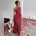 Sexy Satin Dress for Women Shoulder Gathered Slit Slim Fit Summer Temperament Gown_ecoleips.com
