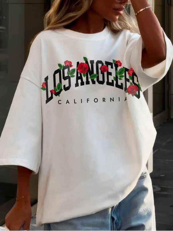 2024 Women's Summer New Short Sleeve Letter Print Round Neck Casual T-Shirt Loose Top_ecoleips.com