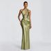 Satin Off-Shoulder Long Dress European American Style Asymmetrical Pleated Waist Fishtail Draped Skirt Hollow out Detail_ecoleips.com