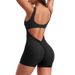 Women's Clothing Sexy Backless One Shoulder Sleeveless Bodysuit Waist Revealing Pleated Three Quarter Jumpsuit Women's_ecoleips.com