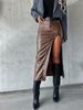 "Vintage-Inspired Faux Leather Pencil Skirt – High-Waisted Side Slit Skirt For Women (S-XXL, Black/Brown/Red, Polyester Blend, Retro Chic)"_ecoleips.com