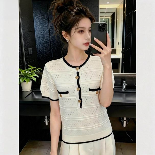 French-style Contrast Color Short-sleeve Knit For Women, New Summer Model, Elegant Gold Buttons, Slim Fit, Fashionable_ecoleips.com