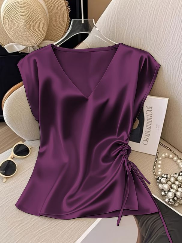 Women's Clothing Solid Color Satin Short Sleeve T-Shirt V Neck Top Thin And Stylish Slim Fit Summer_ecoleips.com