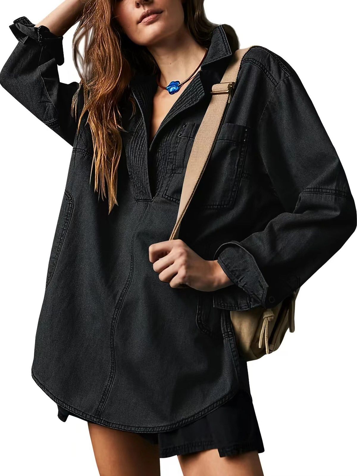 Women's Clothing V-Neck Denim Jacket – Trendy Long Sleeve Overshirt (Casual, Lightweight & Versatile Layering Piece)_ecoleips.com