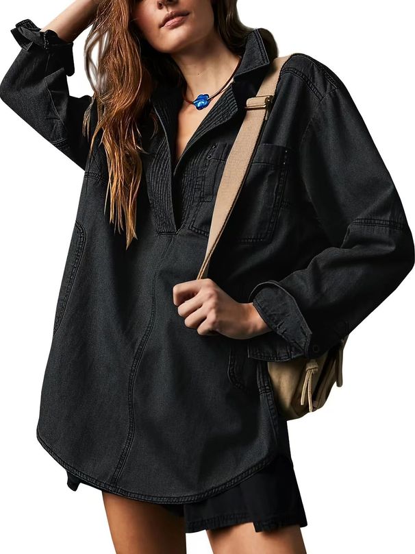 Women's Clothing V-Neck Denim Jacket – Trendy Long Sleeve Overshirt (Casual, Lightweight & Versatile Layering Piece)_ecoleips.com