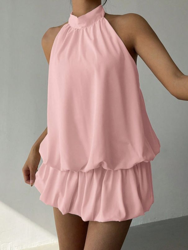 Women's Clothing French Style Solid Color Halter Neck Off-Shoulder Dress Sexy Waist Cinching Puff Skirt Bodycon Short Skirt For Summer Beach Vacation_ecoleips.com