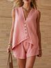 Women's Linen Blend V-Neck Button Down Sleeveless Top And Shorts Set, Relaxed Fit Summer Casual Lounge Outfit_ecoleips.com