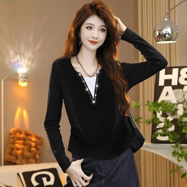Spring/Autumn Versatile V-Neck Fake Two-Piece Color-Blocked Long-Sleeve Base Shirt, Rhinestone Design For Women, Plus Si_ecoleips.com