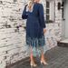 K Plus-size Women's Fashion Patchwork Denim Collarless Long-sleeved Fringed Midi Dress_ecoleips.com