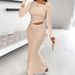Elegant Sexy Workwear Inspired Banquet Dress Set Solid Color Asymmetrical Neckline Long Sleeved Top Ruched Fishtail Skirt_ecoleips.com