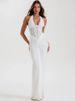 Mozision Halter Backless Sexy Maxi Dress Women V Neck Off-shoulder Sleeveless Draped Ruched Bodycon Club Party Long Dress_ecoleips.com