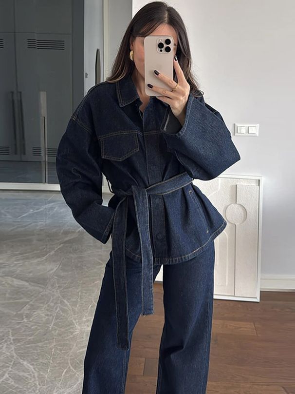 Women's Elegant Denim Pant Set With Collared Belt Long Sleeved Top And Pants Trendy Spring Summer_ecoleips.com