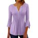 Women's Clothing New Solid Color Hollow V Neck Button Flared Three Quarter Sleeve Top_ecoleips.com