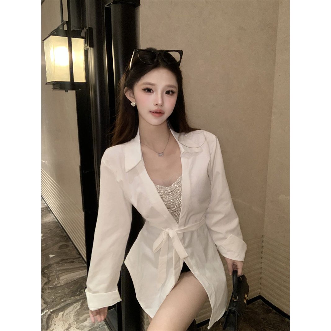 Stylish Loose-fitting Slim-fit Women's Elegant Mid-length Tie-up Shirt, Early Spring Sexy Slimming Long-sleeve Top_ecoleips.com
