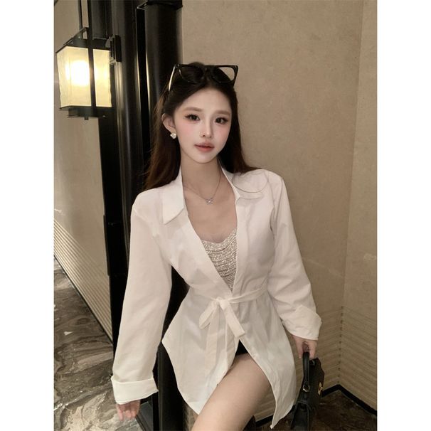 Stylish Loose-fitting Slim-fit Women's Elegant Mid-length Tie-up Shirt, Early Spring Sexy Slimming Long-sleeve Top_ecoleips.com