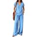 2026 European American Cross-border New Solid Color Summer Fashion V-neck Short-sleeve T-shirt And Wide-leg Pants_ecoleips.com