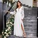 Women's Clothing Elegant V Neck Backless Long Sleeved Slit Slim Fit Ladies Solid Color Dress_ecoleips.com