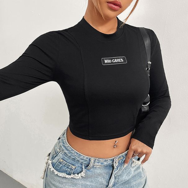 Voya Women's 2026 Autumn And Winter Solid Color Slim Fit Ultra Short Half High Neck Long Sleeved T-shirt American Street Top_ecoleips.com