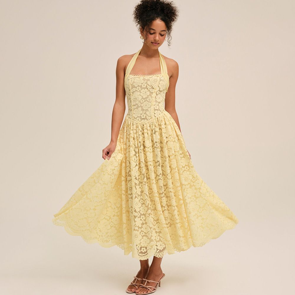 Summer New Women's Long Dress Halter Neck Lace Solid Color Open Back Strapless Waist European And American Style 2025_ecoleips.com
