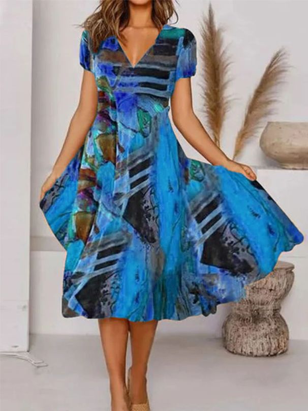 Summer Long Skirt Casual V-Neck Bohemian Short-Sleeved Dress_ecoleips.com