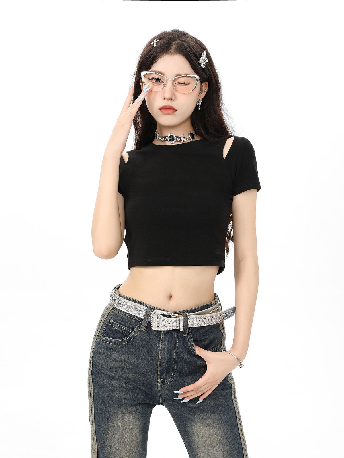 Trendy High-Waisted Pure Cotton Short T-Shirt, Short Sleeve, Summer Vintage Waist-Exposed Design, Niche Women's Top, Ins_ecoleips.com