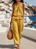 Summer Casual Women's Two Piece Set Cotton Linen Sleeveless Ruffle Wide Leg Pants European American Style in Stock_ecoleips.com