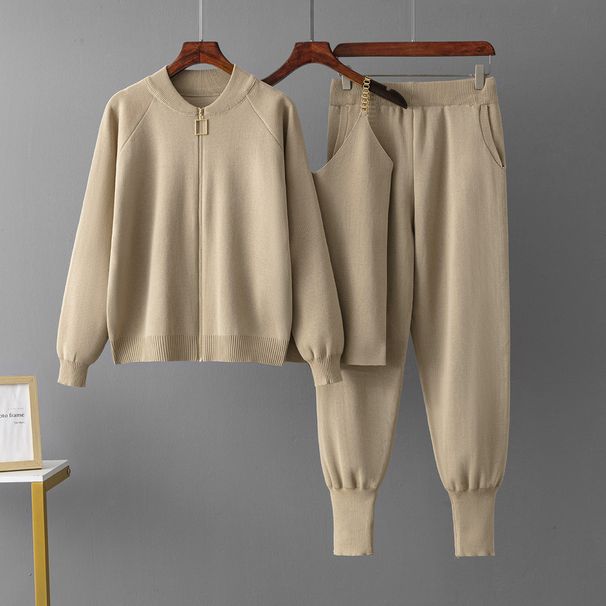 "Elegant Knitted 3-Piece Set: Cardigan Top, Vest & Sports Pants - Summer Comfort Outfit For Women"_ecoleips.com
