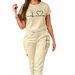 Women's Summer Suit Set Solid Color Printed Short Sleeve Top And Cargo Jogger Pants_ecoleips.com