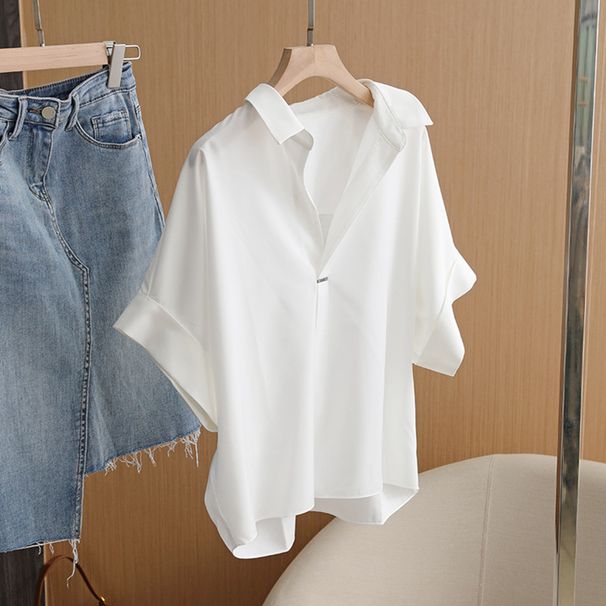 Women's White Short Sleeved Shirt Slimming V Neck French Chic Loose Fit New Summer 2026 Style Top_ecoleips.com