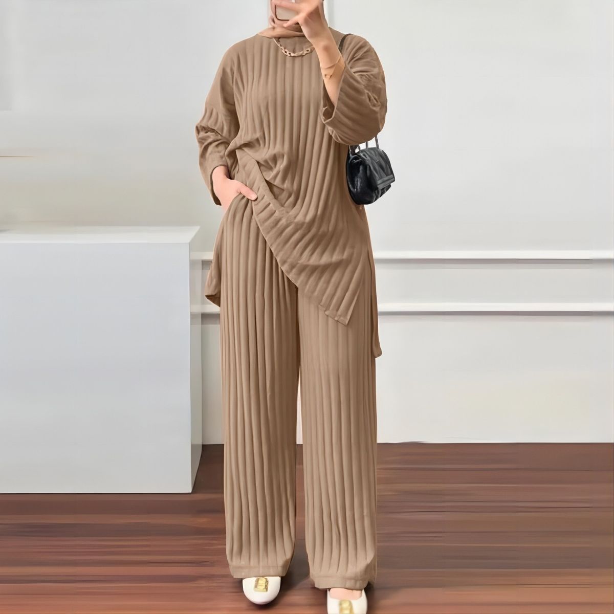 New Women's Long Sleeve Tops Wide Leg Pants Solid Color Casual Sportswear Two Piece Set_ecoleips.com
