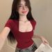 Short-sleeved T-shirt Women's 2025 Summer New French U-shaped Square Collar Student Short Top Slim And Thin Low Collar Trendy_ecoleips.com