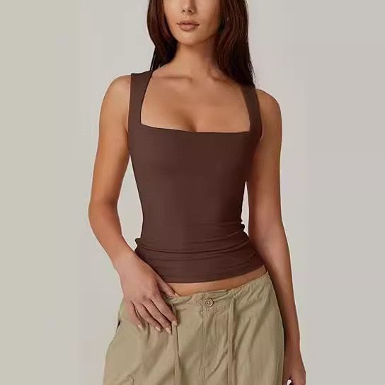 Women's Clothing Camisole Vests Sleeveless Off Shoulder Square Neck Threaded Shoulder Strap Tops_ecoleips.com