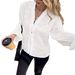 Women's Petite Long Sleeve Blouse Lace-Trimmed V-Neck Detail Tie Top Clothing_ecoleips.com