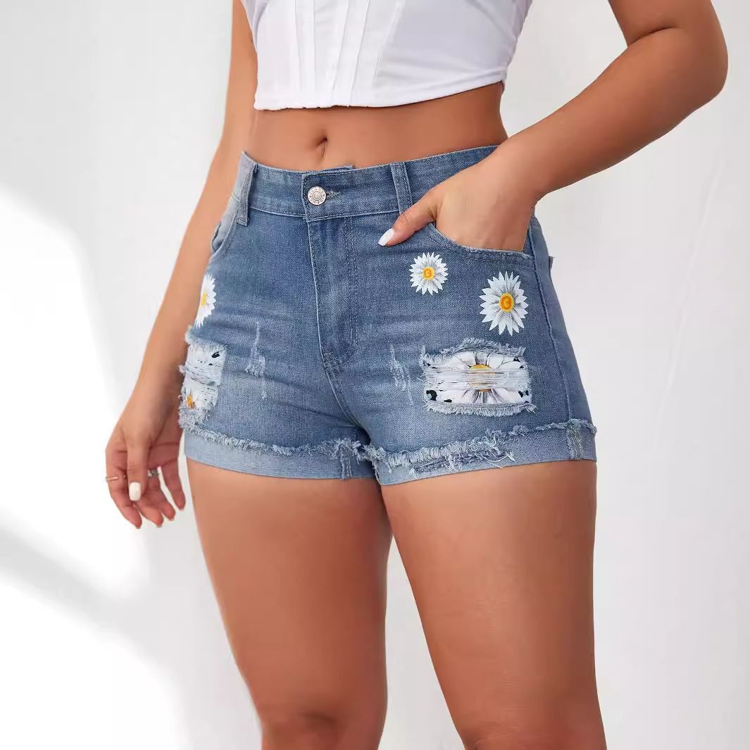 Women's Clothing Tassel Ripped Print Women's Denim Shorts Slim Fit Raw Edge Hot Pants Cotton_ecoleips.com