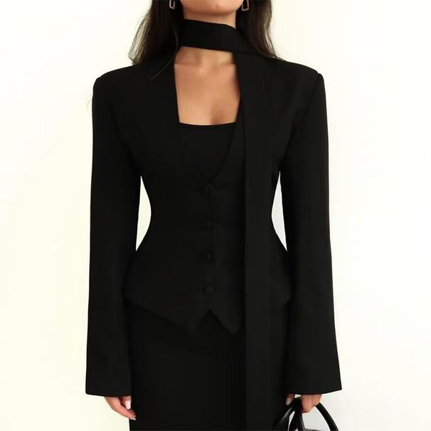 European And American Style Fashion Solid Color Collar Scarf Embellished Women's Autumn New Long-sleeve Casual Blazer_ecoleips.com