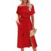 Women's Clothing New Summer Dress Off Shoulder Short Sleeve Tie Waist Slit Midi Dress_ecoleips.com