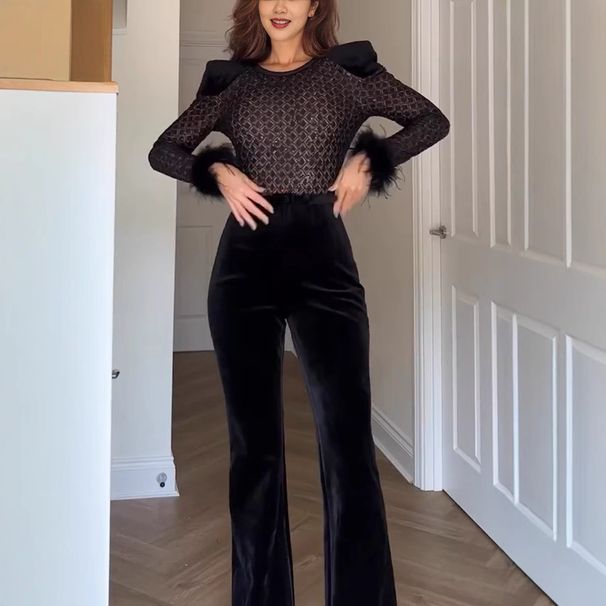 Women's Clothing autumn and winter new gold velvet stitching long sleeved jumpsuit casual party women's trousers_ecoleips.com