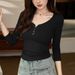 2025 #Superior Selection # Unique Button Design T-Shirt For Women 2025 Autumn New Slim Fit Spicy Girl Sexy Long Sleeve Top_ecoleips.com