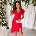 Women's Clothing V Neck Sexy Wood Ear Short Sleeved Tight Dress_ecoleips.com