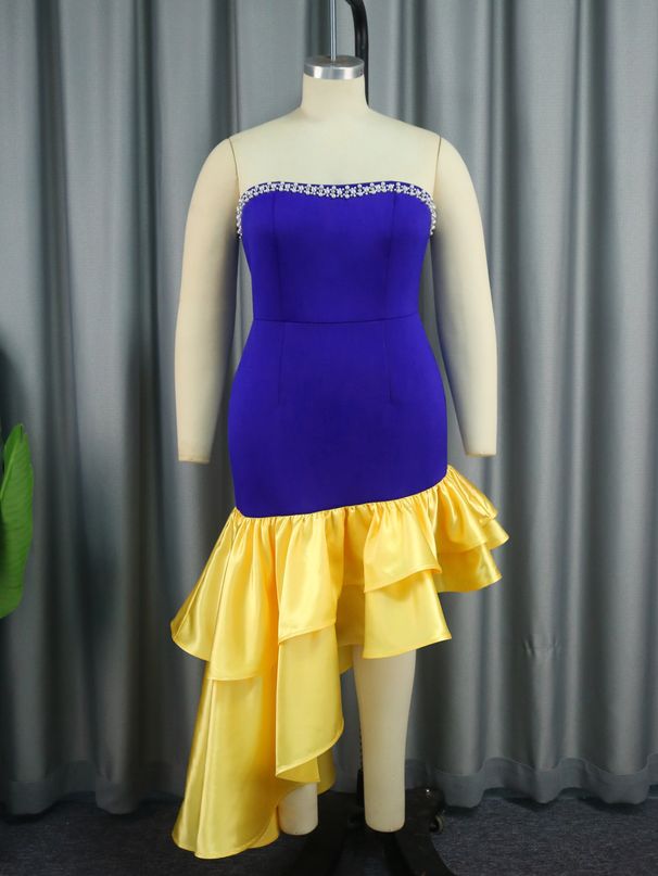Women's Clothing Personality Contrast Color Dress Elegant Style Tube Top Sleeveless Dress Dresses_ecoleips.com