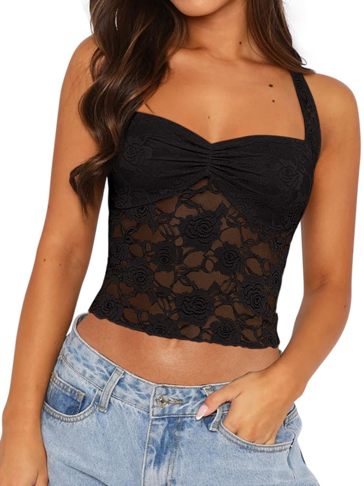 Elegant Lace Bralette Top For Women - Sexy Hollow-Out Y2k Fashion Crop Top With Adjustable Straps, Breathable & Comfortable, Daily Wear & Night Out_ecoleips.com