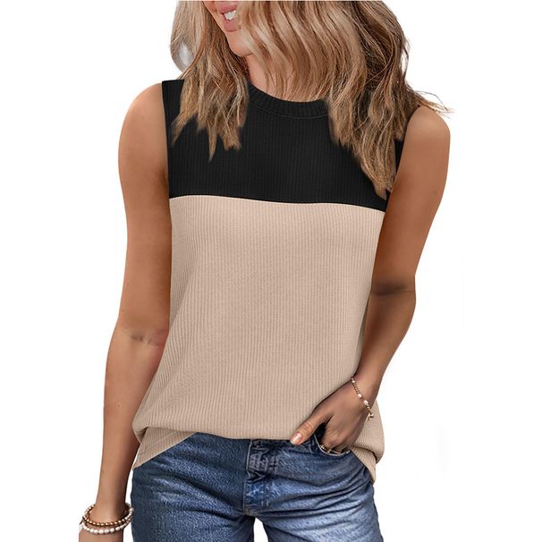 Women's Clothing Women's Sleeveless Tank Top Color Block Round Neck Summer Casual Basic Vest_ecoleips.com