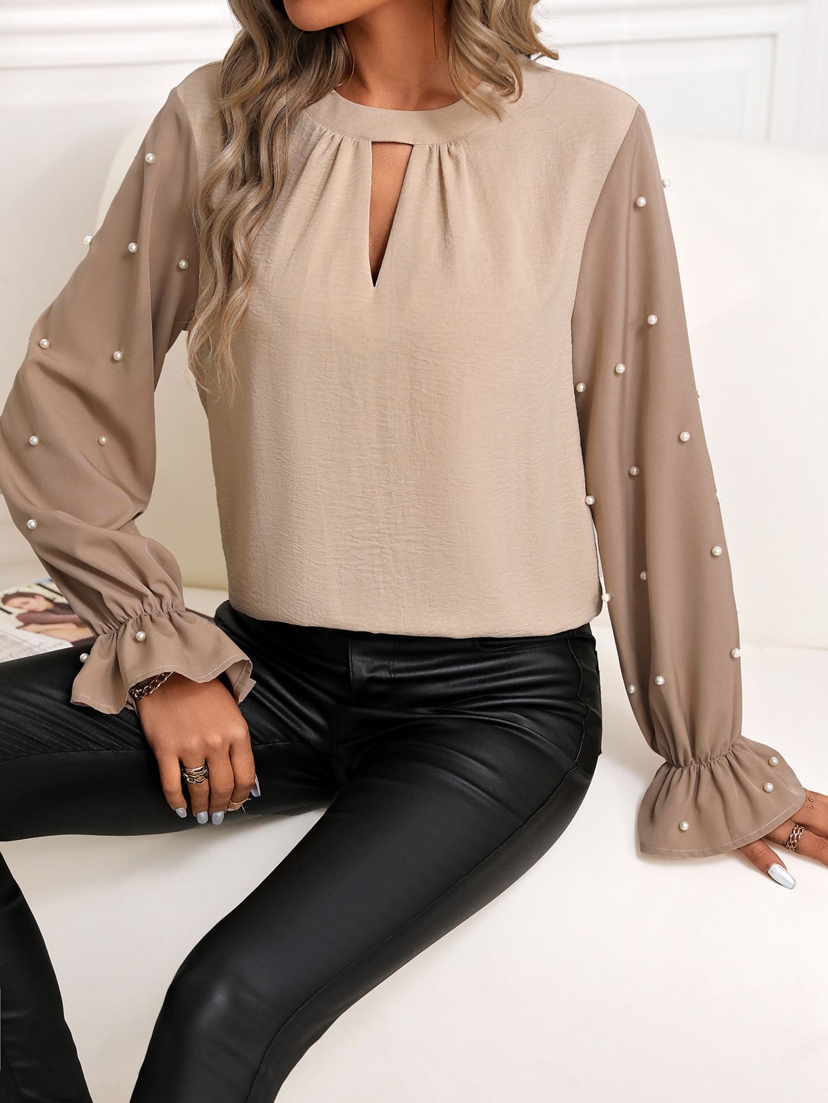 Women's Fashionable Casual Long Sleeve Shirt Spring Autumn Flared Pearl Detail_ecoleips.com