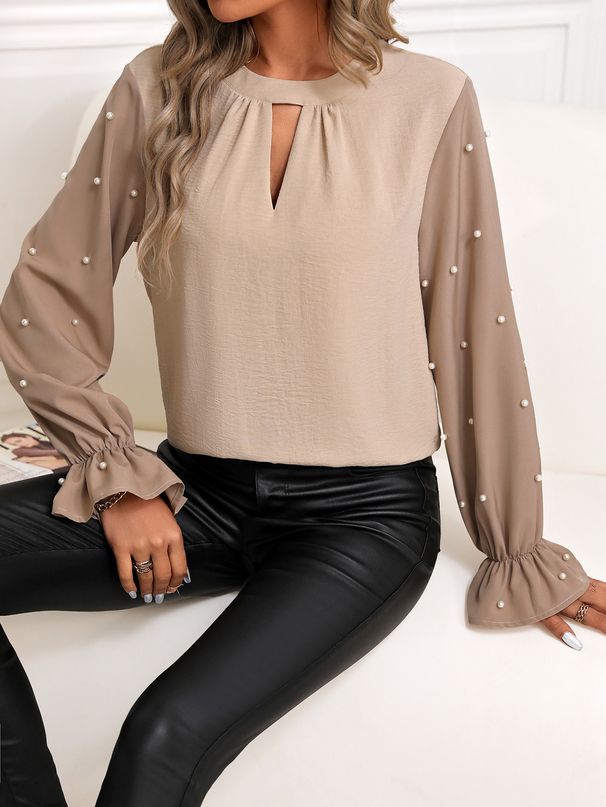 Women's Fashionable Casual Long Sleeve Shirt Spring Autumn Flared Pearl Detail_ecoleips.com