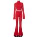 Women's High Neck High Waisted Flared Pants Set Solid Color Casual Fashion Design_ecoleips.com