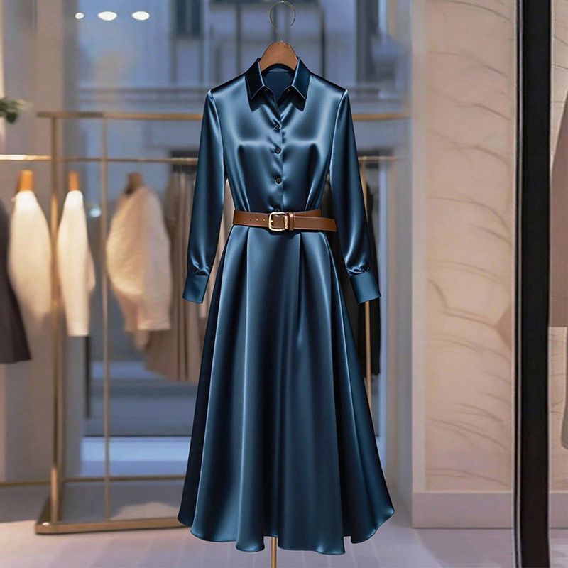 Elegant Long Sleeve A-Line Dress – Minimalist Fall Dress For Women (Solid Color, Classic Fit)_ecoleips.com