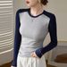 2025 High Quality Elastic Thread Cotton Color Blocked Long Sleeved T-Shirt For Women In Autumn And Winter 2025, Slim Fit_ecoleips.com