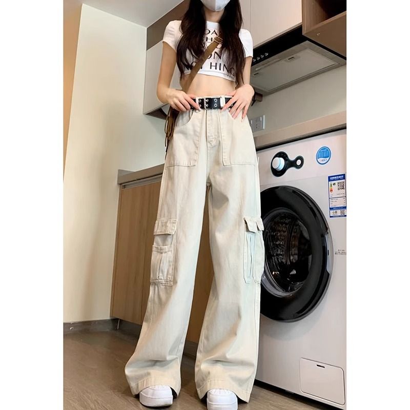 2025 Spring Multi Pocket Workwear Jeans Women's New High Waisted, Loose A Wide Leg Slimming Versatile Casual Pants_ecoleips.com