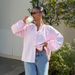 Women's French Striped Puff Sleeve Blouse – Relaxed Fit Stand Collar Shirt, Breathable & Stylish For Spring/Summer_ecoleips.com