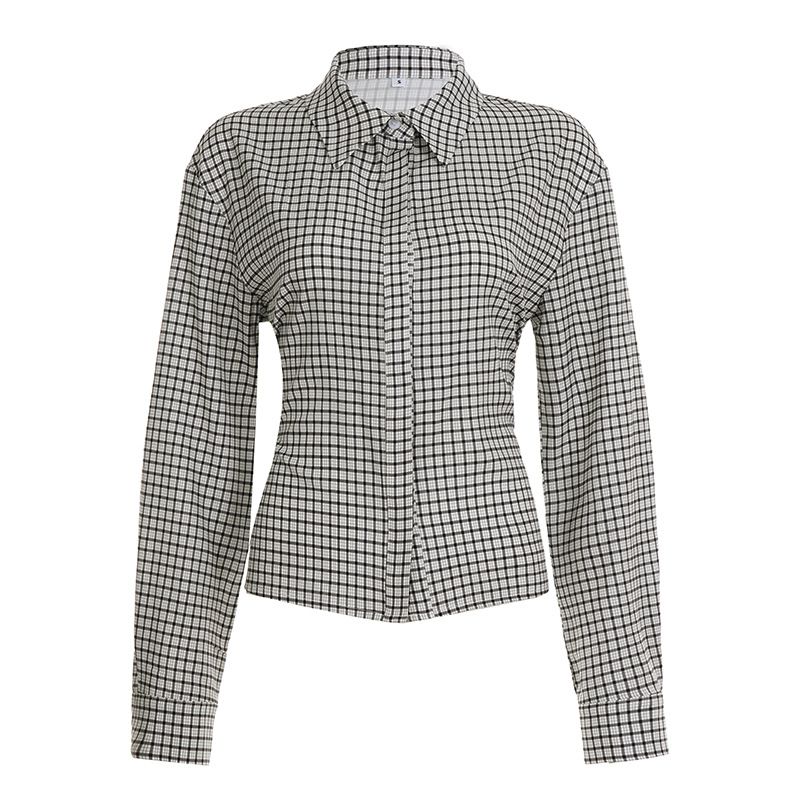 Women's Clothing Trendy Plaid Shirt Long Sleeve Fitted Waist Tie Detail Retro Blouse For Commuting_ecoleips.com
